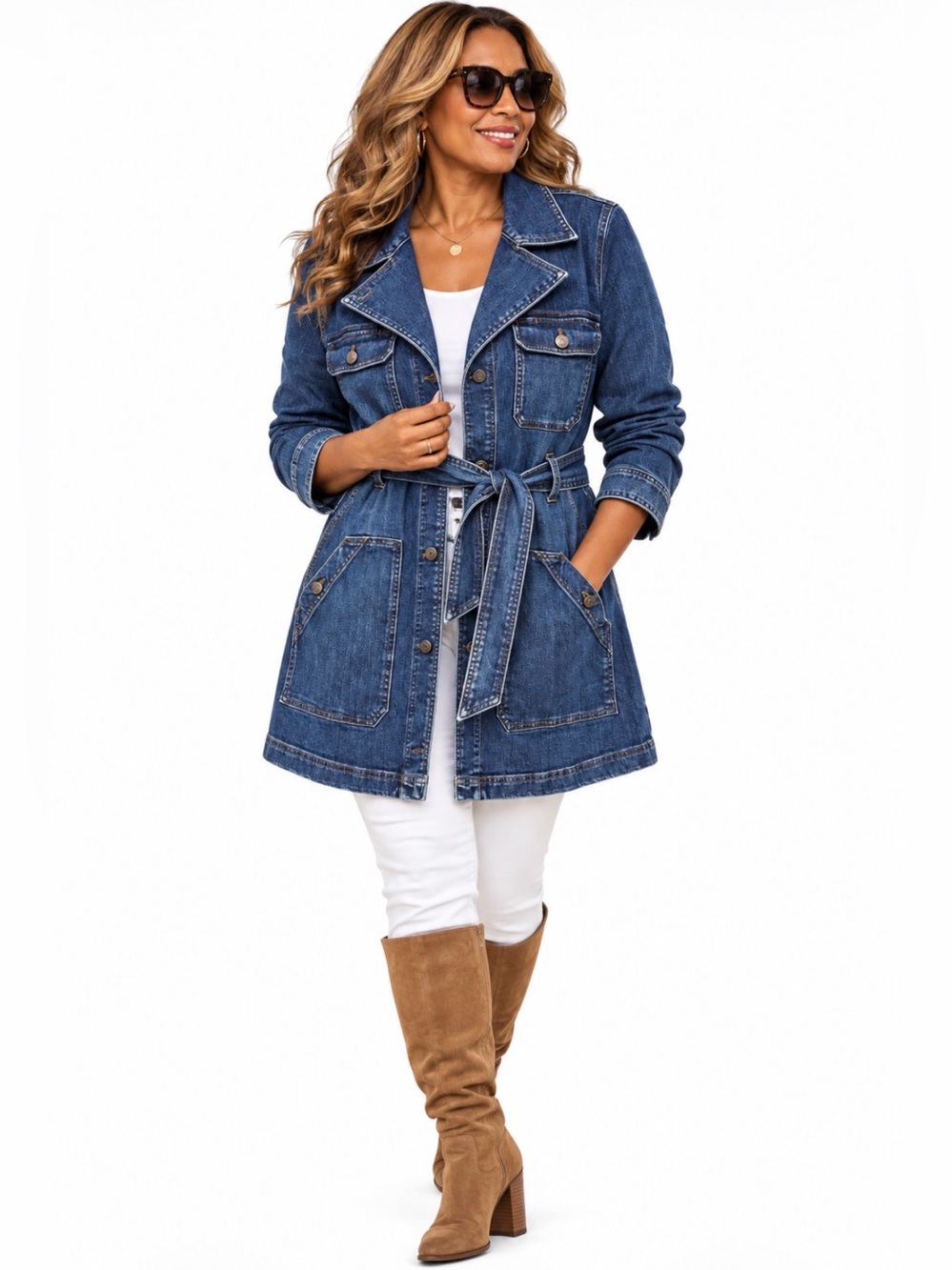 Duluth Trading Womenโs Daily Denim Trench Coat Jacket Belted Medium NWT